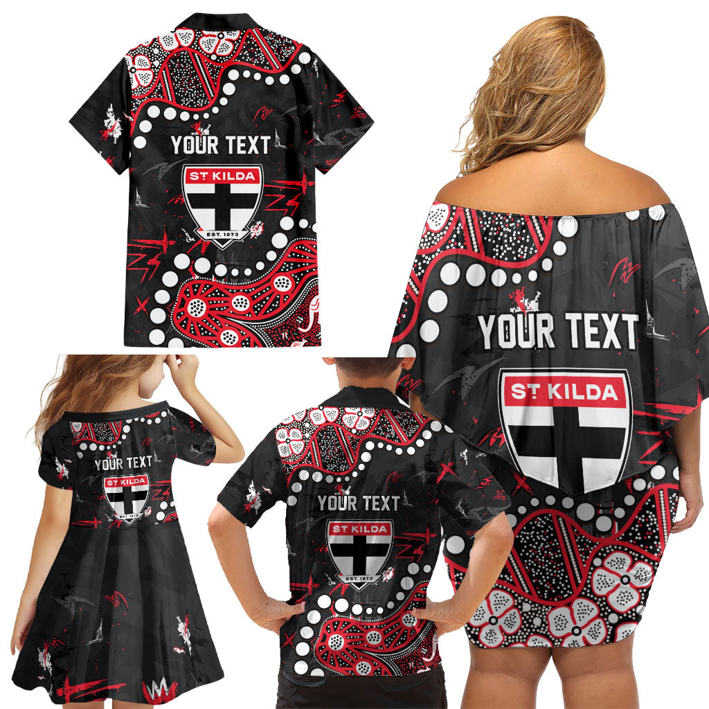 Personalized St Kilda Saints Family Matching Off Shoulder Short Dress and Hawaiian Shirt Aboriginal Pattern with Graffiti Style