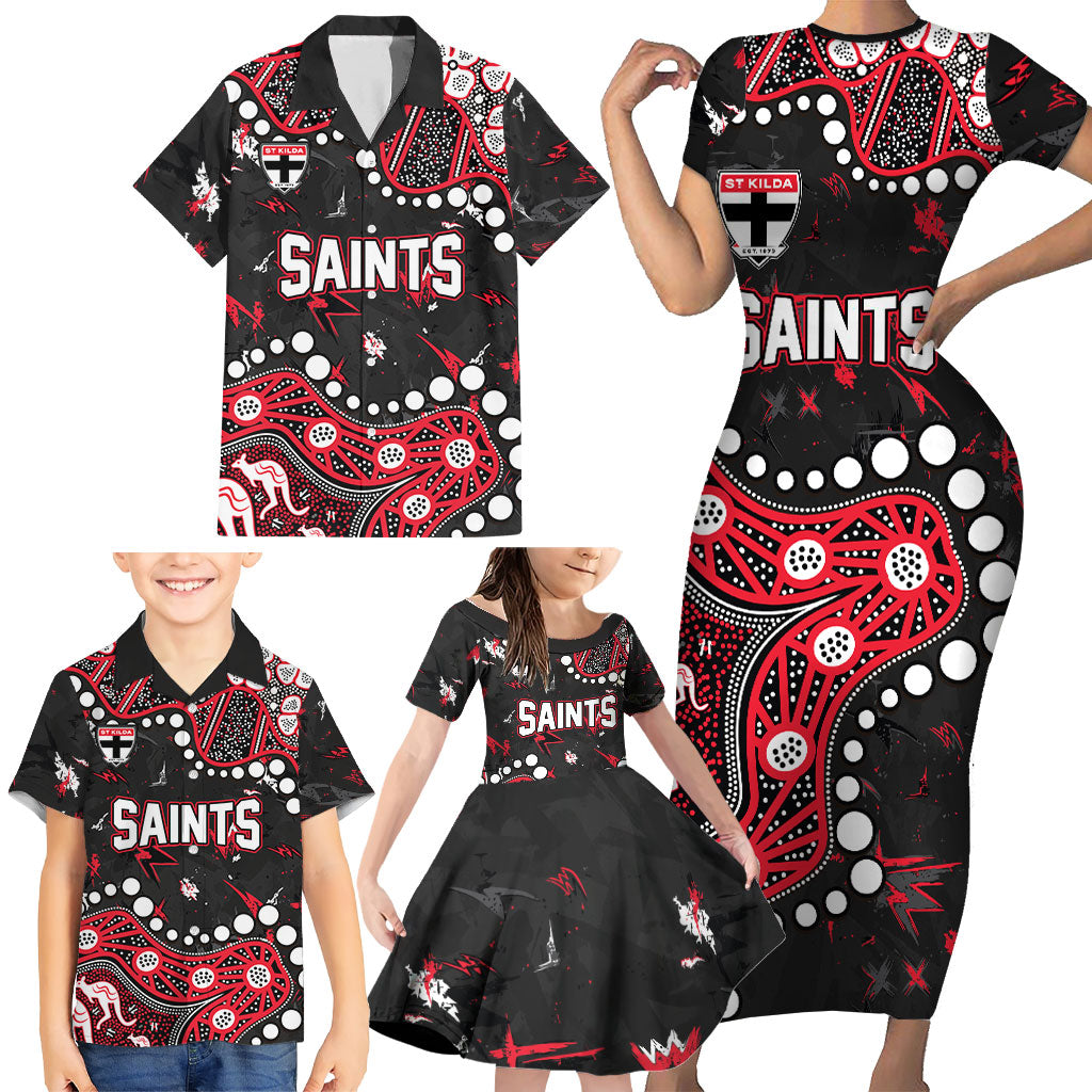 Personalized St Kilda Saints Family Matching Short Sleeve Bodycon Dress and Hawaiian Shirt Aboriginal Pattern with Graffiti Style