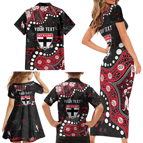 Personalized St Kilda Saints Family Matching Short Sleeve Bodycon Dress and Hawaiian Shirt Aboriginal Pattern with Graffiti Style