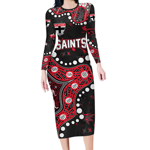 Personalized St Kilda Saints Long Sleeve Bodycon Dress Aboriginal Pattern with Graffiti Style