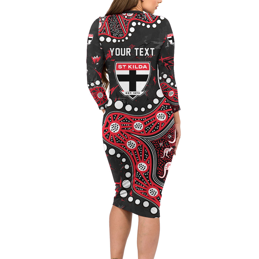 Personalized St Kilda Saints Long Sleeve Bodycon Dress Aboriginal Pattern with Graffiti Style