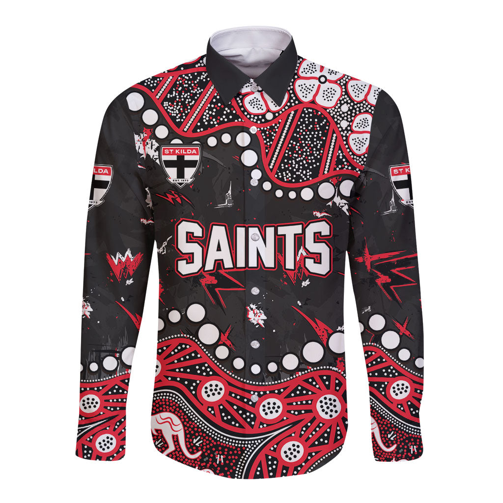 Personalized St Kilda Saints Long Sleeve Button Shirt Aboriginal Pattern with Graffiti Style