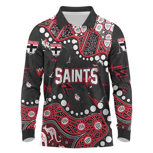 Personalized St Kilda Saints Long Sleeve Polo Shirt Aboriginal Pattern with Graffiti Style
