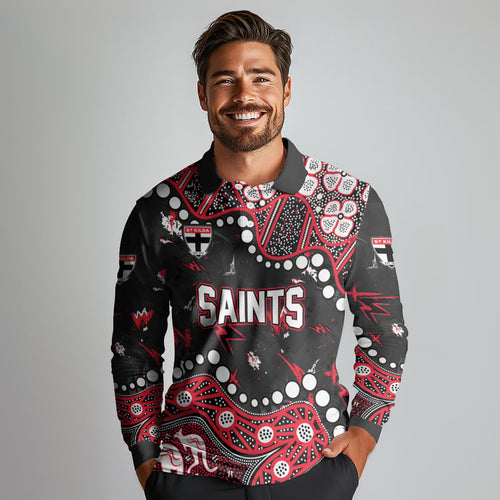 Personalized St Kilda Saints Long Sleeve Polo Shirt Aboriginal Pattern with Graffiti Style