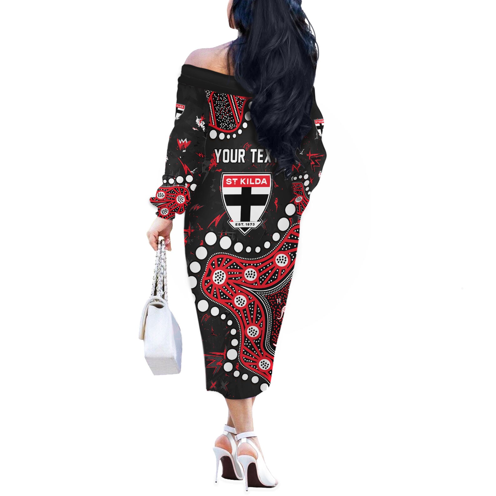 Personalized St Kilda Saints Off The Shoulder Long Sleeve Dress Aboriginal Pattern with Graffiti Style