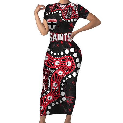 Personalized St Kilda Saints Short Sleeve Bodycon Dress Aboriginal Pattern with Graffiti Style