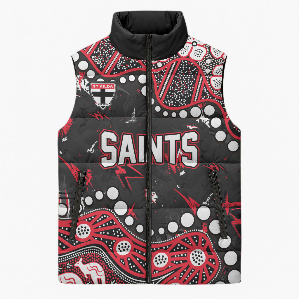 Personalized St Kilda Saints Sleeveless Puffer Jacket Aboriginal Pattern with Graffiti Style
