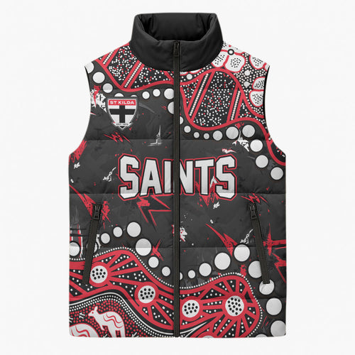 Personalized St Kilda Saints Sleeveless Puffer Jacket Aboriginal Pattern with Graffiti Style