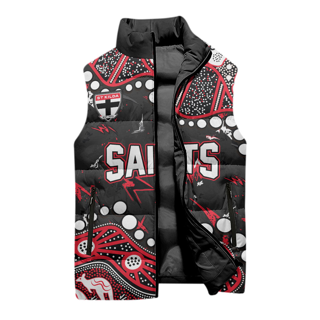 Personalized St Kilda Saints Sleeveless Puffer Jacket Aboriginal Pattern with Graffiti Style