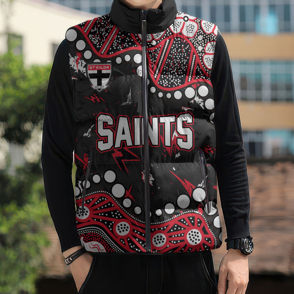 Personalized St Kilda Saints Sleeveless Puffer Jacket Aboriginal Pattern with Graffiti Style
