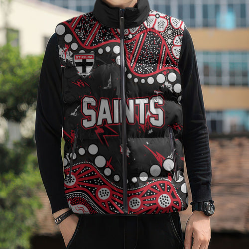 Personalized St Kilda Saints Sleeveless Puffer Jacket Aboriginal Pattern with Graffiti Style