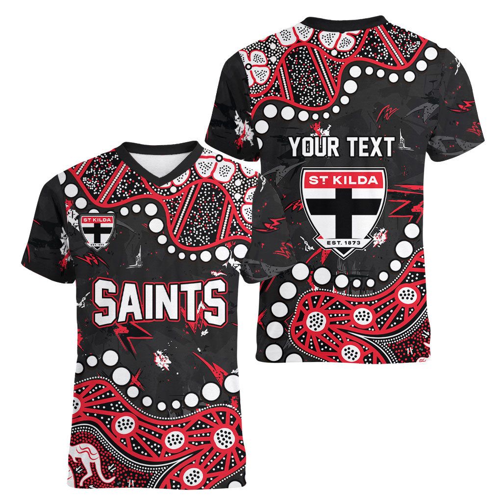 Personalized St Kilda Saints Women V-Neck T-Shirt Aboriginal Pattern with Graffiti Style