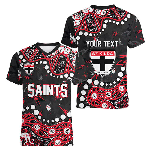 Personalized St Kilda Saints Women V-Neck T-Shirt Aboriginal Pattern with Graffiti Style