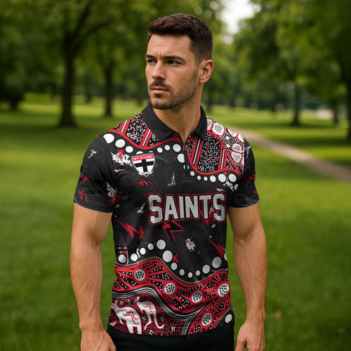 Personalized St Kilda Saints Zipper Polo Shirt Aboriginal Pattern with Graffiti Style
