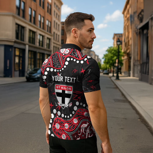 Personalized St Kilda Saints Zipper Polo Shirt Aboriginal Pattern with Graffiti Style