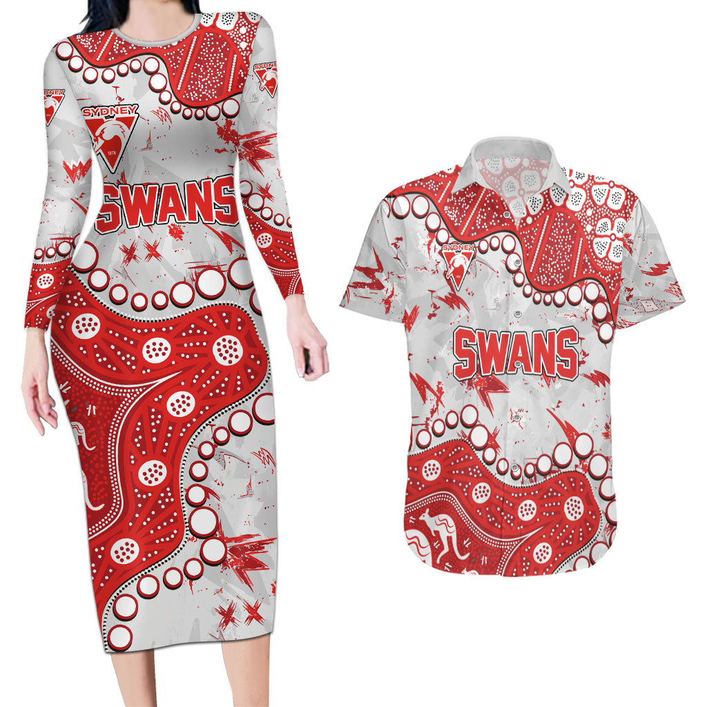 Personalized Sydney Swans Couples Matching Long Sleeve Bodycon Dress and Hawaiian Shirt Aboriginal Pattern with Graffiti Style