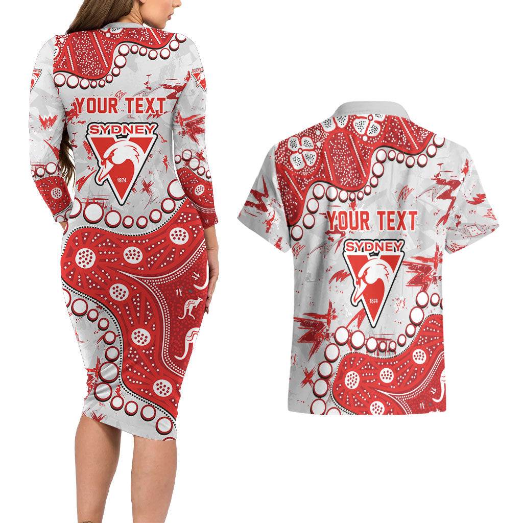 Personalized Sydney Swans Couples Matching Long Sleeve Bodycon Dress and Hawaiian Shirt Aboriginal Pattern with Graffiti Style