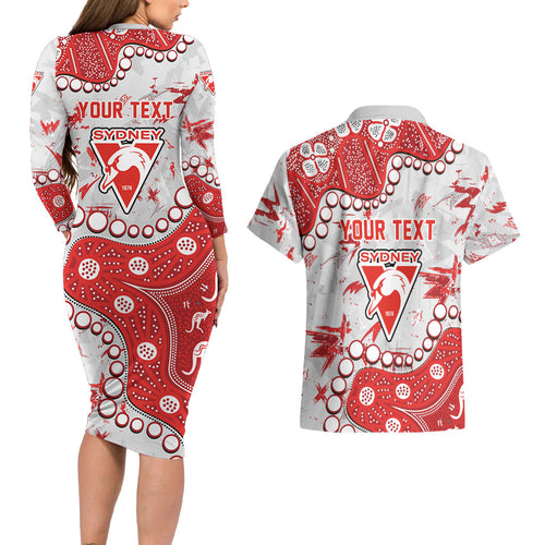Personalized Sydney Swans Couples Matching Long Sleeve Bodycon Dress and Hawaiian Shirt Aboriginal Pattern with Graffiti Style