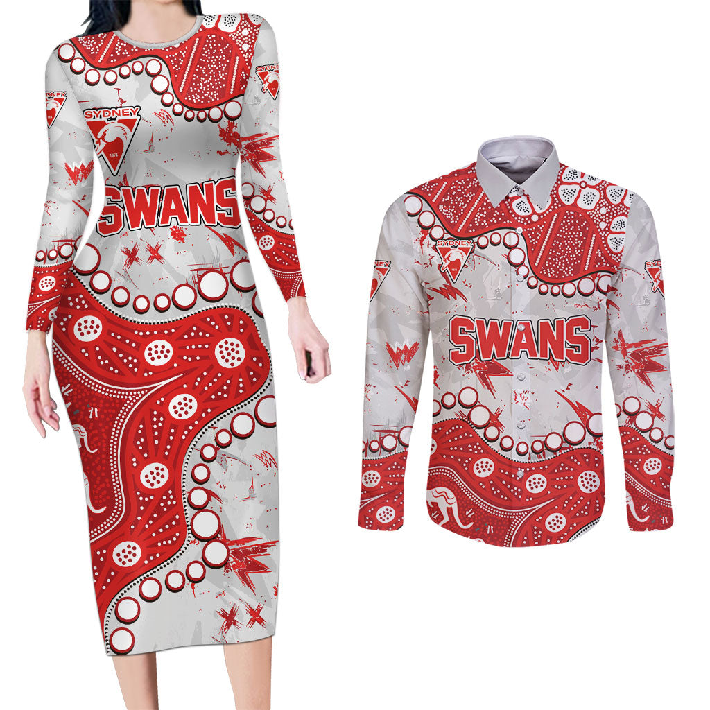 Personalized Sydney Swans Couples Matching Long Sleeve Bodycon Dress and Long Sleeve Button Shirt Aboriginal Pattern with Graffiti Style