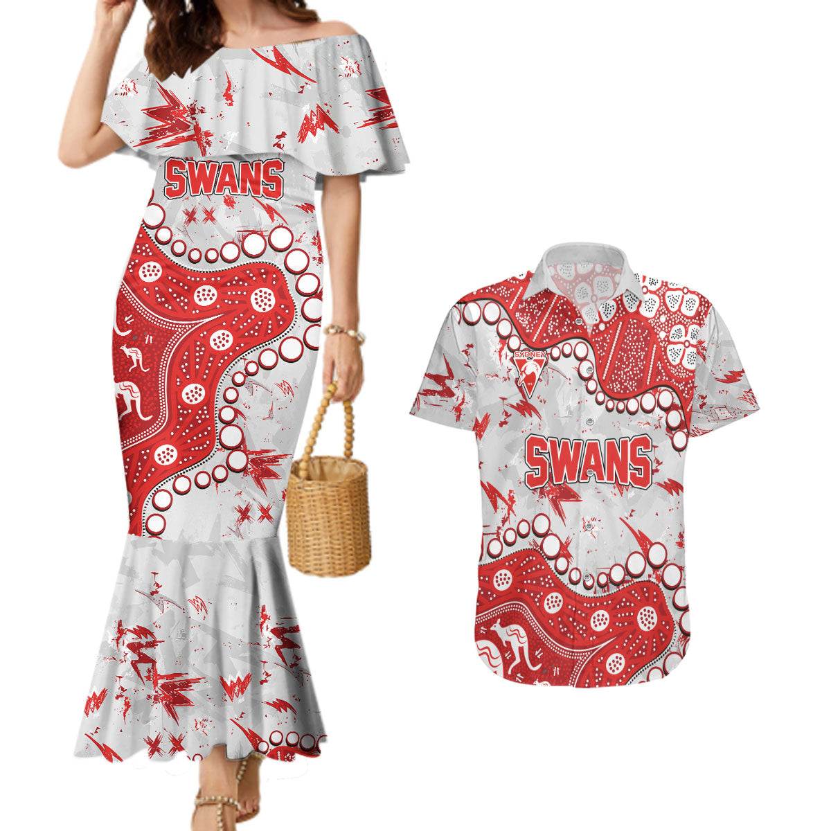 Personalized Sydney Swans Couples Matching Mermaid Dress and Hawaiian Shirt Aboriginal Pattern with Graffiti Style