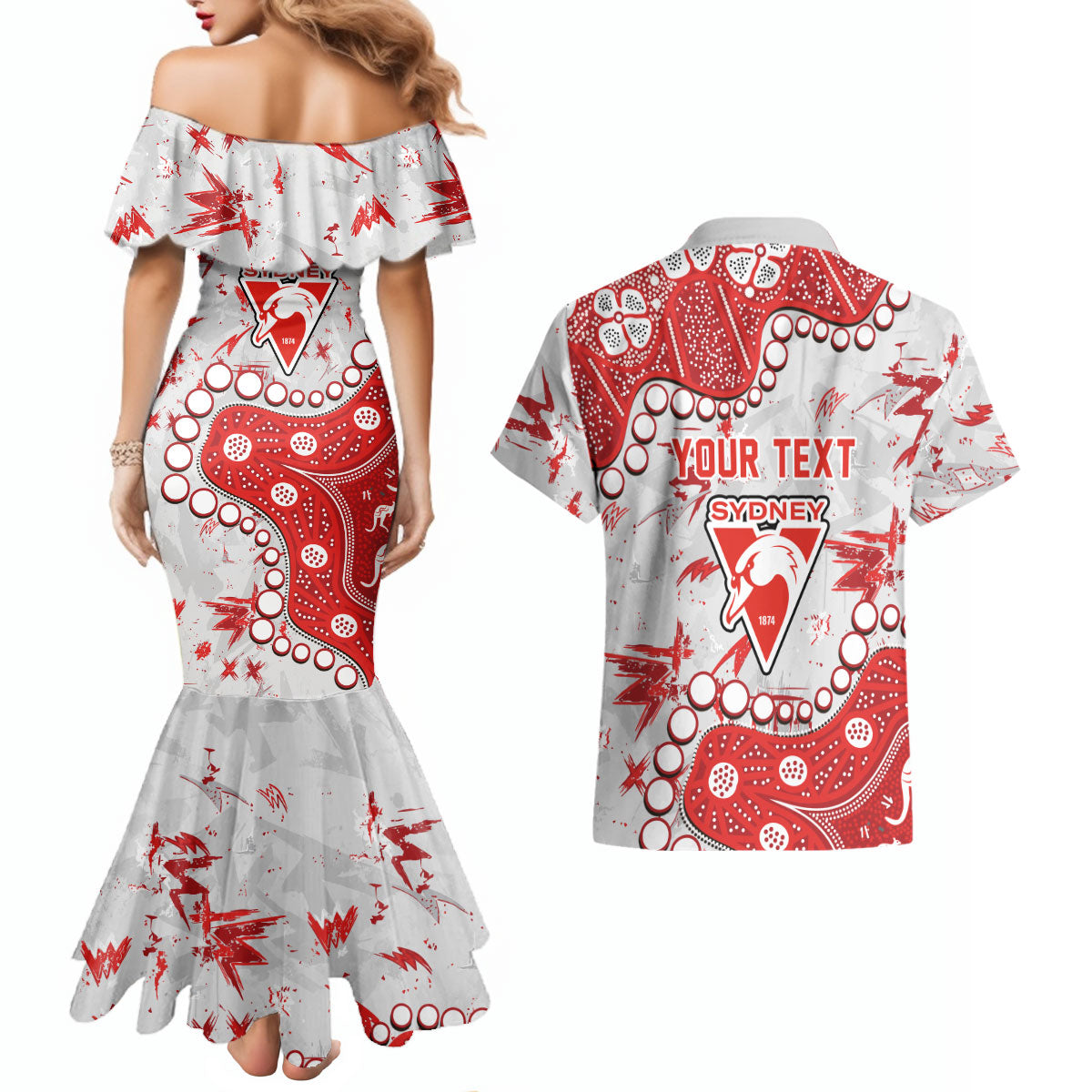 Personalized Sydney Swans Couples Matching Mermaid Dress and Hawaiian Shirt Aboriginal Pattern with Graffiti Style