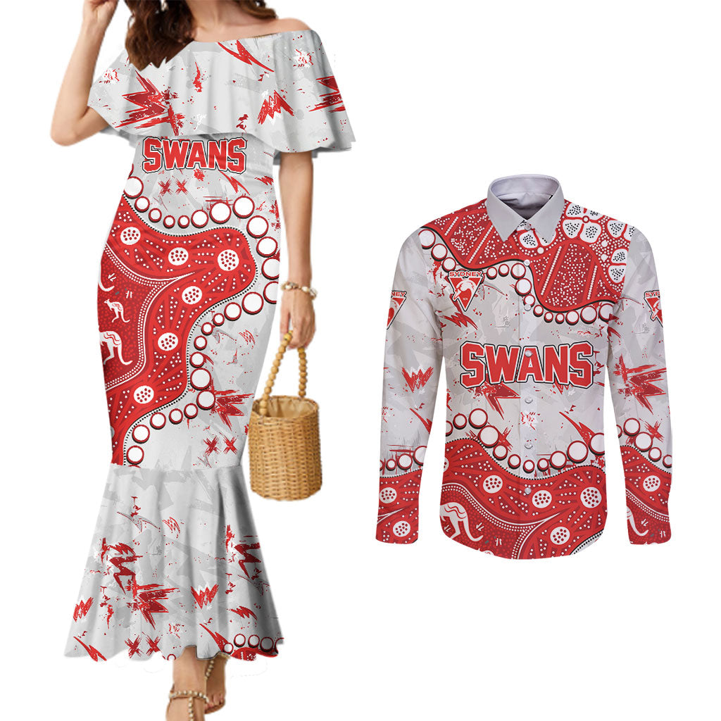 Personalized Sydney Swans Couples Matching Mermaid Dress and Long Sleeve Button Shirt Aboriginal Pattern with Graffiti Style