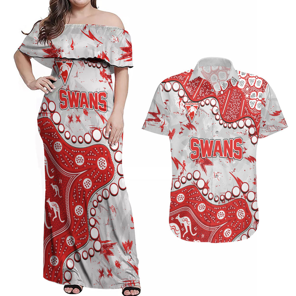 Personalized Sydney Swans Couples Matching Off Shoulder Maxi Dress and Hawaiian Shirt Aboriginal Pattern with Graffiti Style