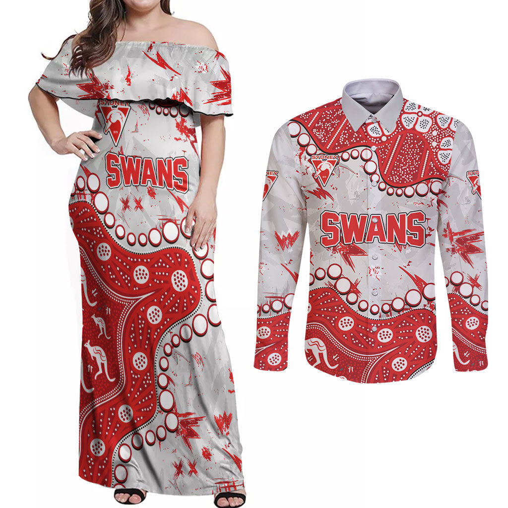 Personalized Sydney Swans Couples Matching Off Shoulder Maxi Dress and Long Sleeve Button Shirt Aboriginal Pattern with Graffiti Style