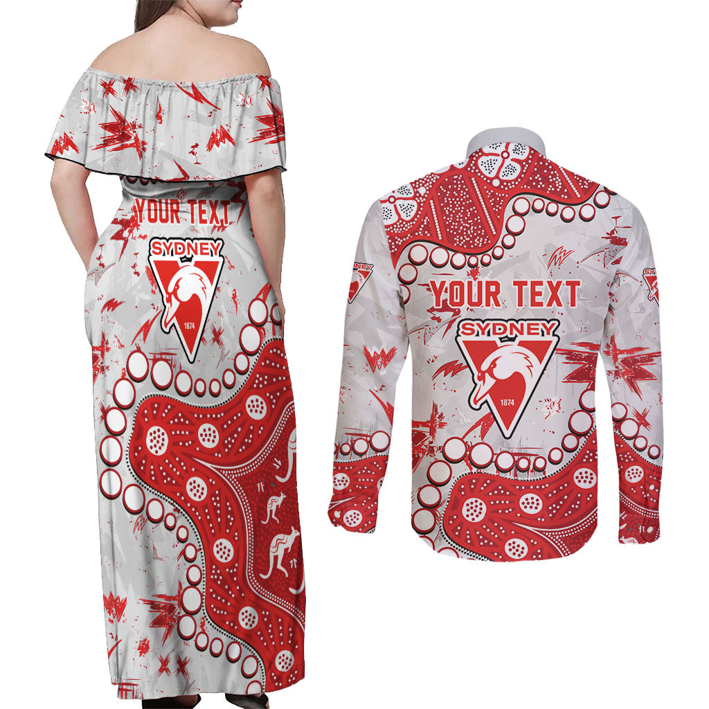 Personalized Sydney Swans Couples Matching Off Shoulder Maxi Dress and Long Sleeve Button Shirt Aboriginal Pattern with Graffiti Style