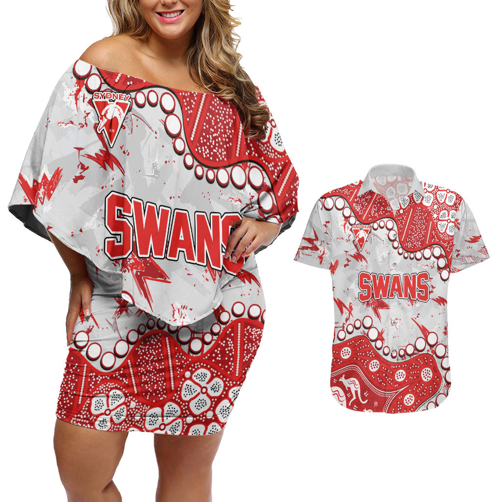 Personalized Sydney Swans Couples Matching Off Shoulder Short Dress and Hawaiian Shirt Aboriginal Pattern with Graffiti Style