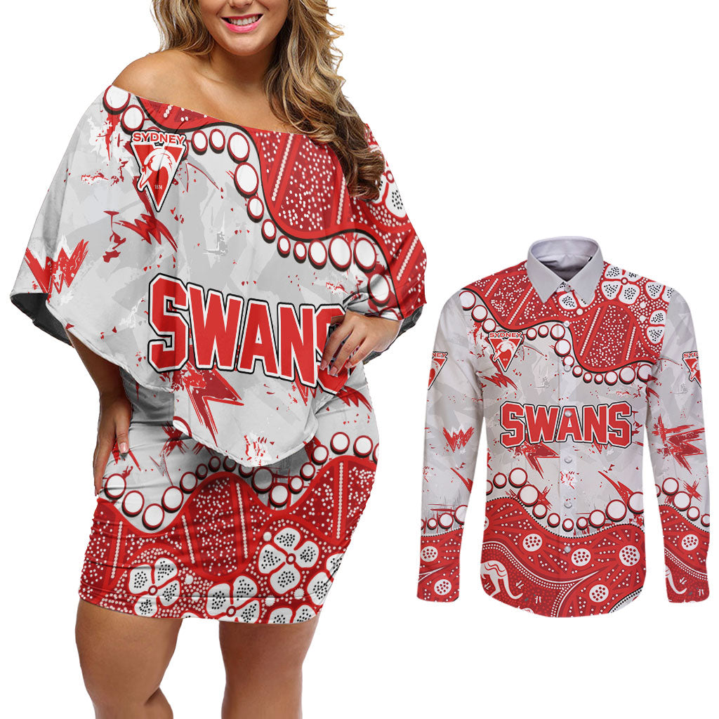 Personalized Sydney Swans Couples Matching Off Shoulder Short Dress and Long Sleeve Button Shirt Aboriginal Pattern with Graffiti Style