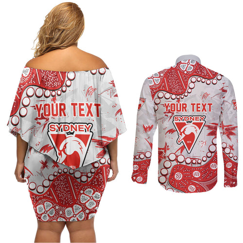 Personalized Sydney Swans Couples Matching Off Shoulder Short Dress and Long Sleeve Button Shirt Aboriginal Pattern with Graffiti Style