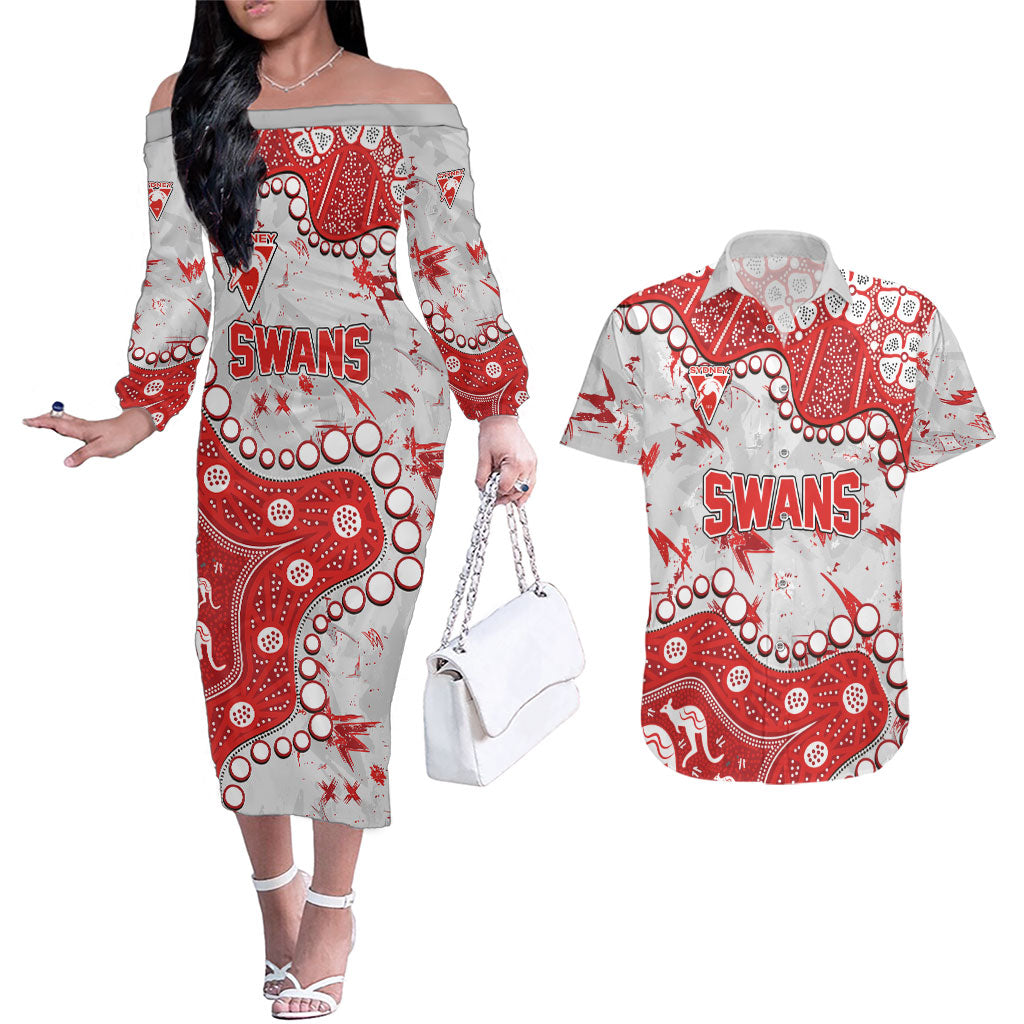 Personalized Sydney Swans Couples Matching Off The Shoulder Long Sleeve Dress and Hawaiian Shirt Aboriginal Pattern with Graffiti Style