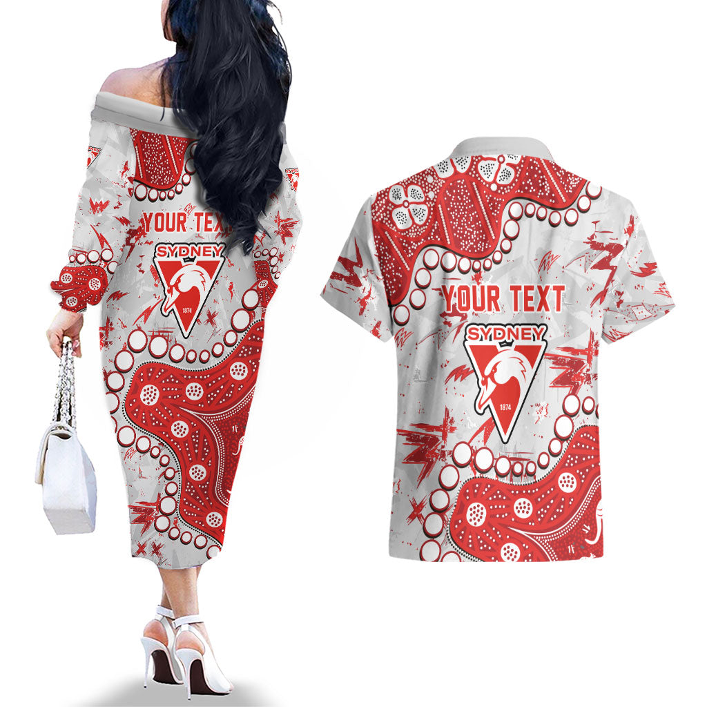 Personalized Sydney Swans Couples Matching Off The Shoulder Long Sleeve Dress and Hawaiian Shirt Aboriginal Pattern with Graffiti Style