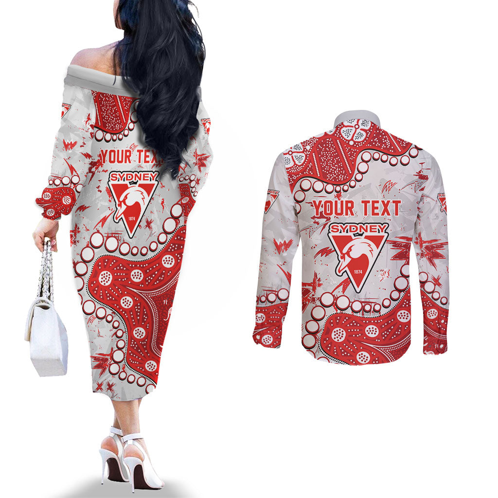 Personalized Sydney Swans Couples Matching Off The Shoulder Long Sleeve Dress and Long Sleeve Button Shirt Aboriginal Pattern with Graffiti Style