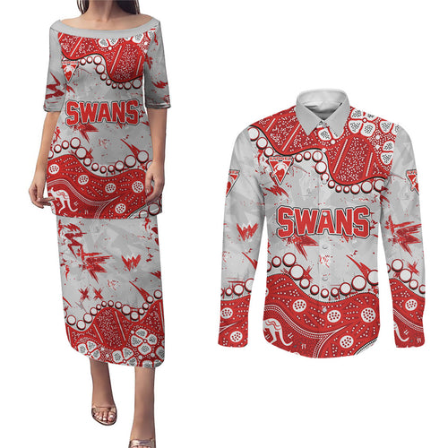 Personalized Sydney Swans Couples Matching Puletasi and Long Sleeve Button Shirt Aboriginal Pattern with Graffiti Style