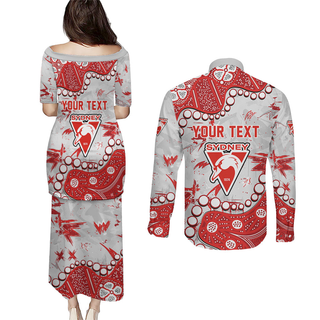 Personalized Sydney Swans Couples Matching Puletasi and Long Sleeve Button Shirt Aboriginal Pattern with Graffiti Style