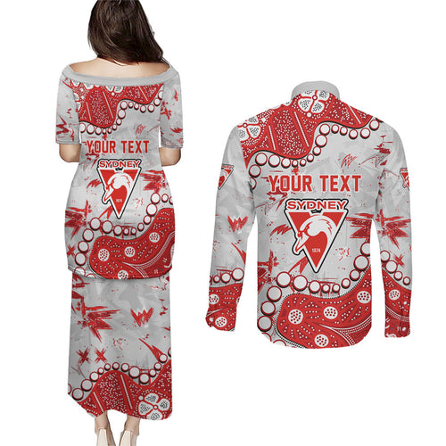 Personalized Sydney Swans Couples Matching Puletasi and Long Sleeve Button Shirt Aboriginal Pattern with Graffiti Style