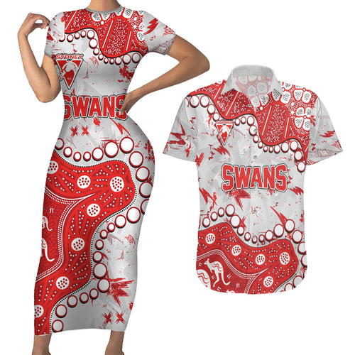 Personalized Sydney Swans Couples Matching Short Sleeve Bodycon Dress and Hawaiian Shirt Aboriginal Pattern with Graffiti Style