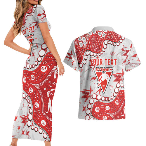Personalized Sydney Swans Couples Matching Short Sleeve Bodycon Dress and Hawaiian Shirt Aboriginal Pattern with Graffiti Style