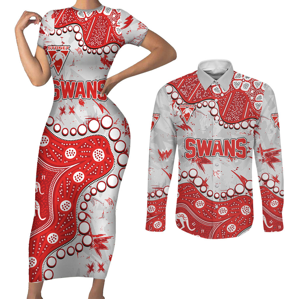 Personalized Sydney Swans Couples Matching Short Sleeve Bodycon Dress and Long Sleeve Button Shirt Aboriginal Pattern with Graffiti Style