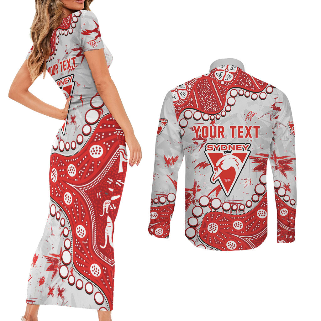 Personalized Sydney Swans Couples Matching Short Sleeve Bodycon Dress and Long Sleeve Button Shirt Aboriginal Pattern with Graffiti Style
