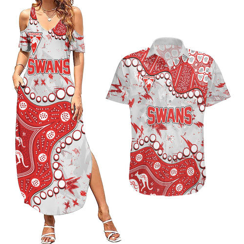 Personalized Sydney Swans Couples Matching Summer Maxi Dress and Hawaiian Shirt Aboriginal Pattern with Graffiti Style