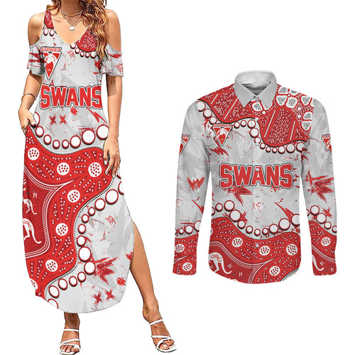 Personalized Sydney Swans Couples Matching Summer Maxi Dress and Long Sleeve Button Shirt Aboriginal Pattern with Graffiti Style