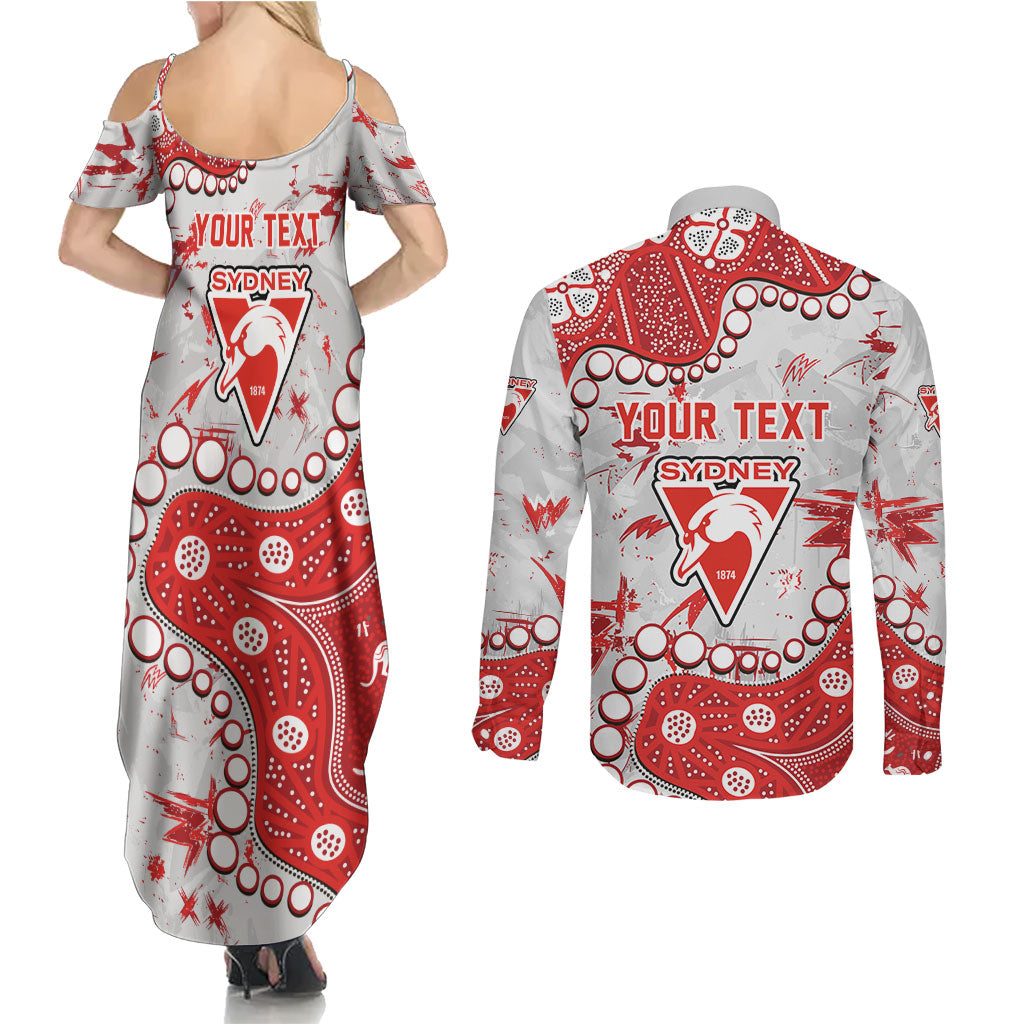 Personalized Sydney Swans Couples Matching Summer Maxi Dress and Long Sleeve Button Shirt Aboriginal Pattern with Graffiti Style