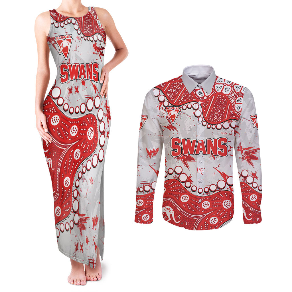 Personalized Sydney Swans Couples Matching Tank Maxi Dress and Long Sleeve Button Shirt Aboriginal Pattern with Graffiti Style