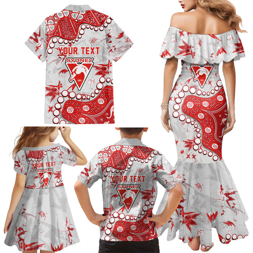 Personalized Sydney Swans Family Matching Mermaid Dress and Hawaiian Shirt Aboriginal Pattern with Graffiti Style