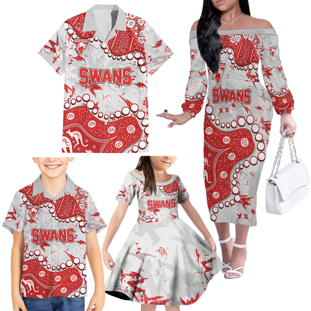Personalized Sydney Swans Family Matching Off The Shoulder Long Sleeve Dress and Hawaiian Shirt Aboriginal Pattern with Graffiti Style