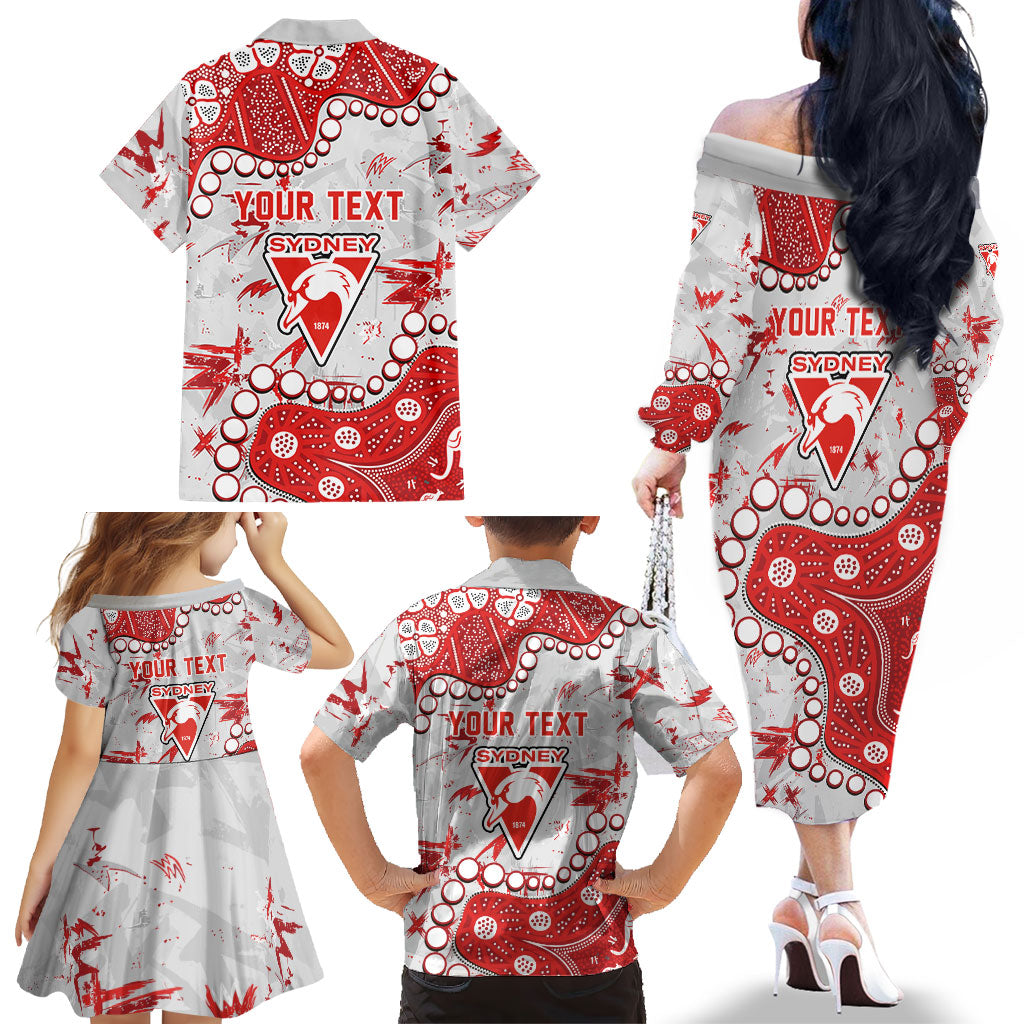 Personalized Sydney Swans Family Matching Off The Shoulder Long Sleeve Dress and Hawaiian Shirt Aboriginal Pattern with Graffiti Style