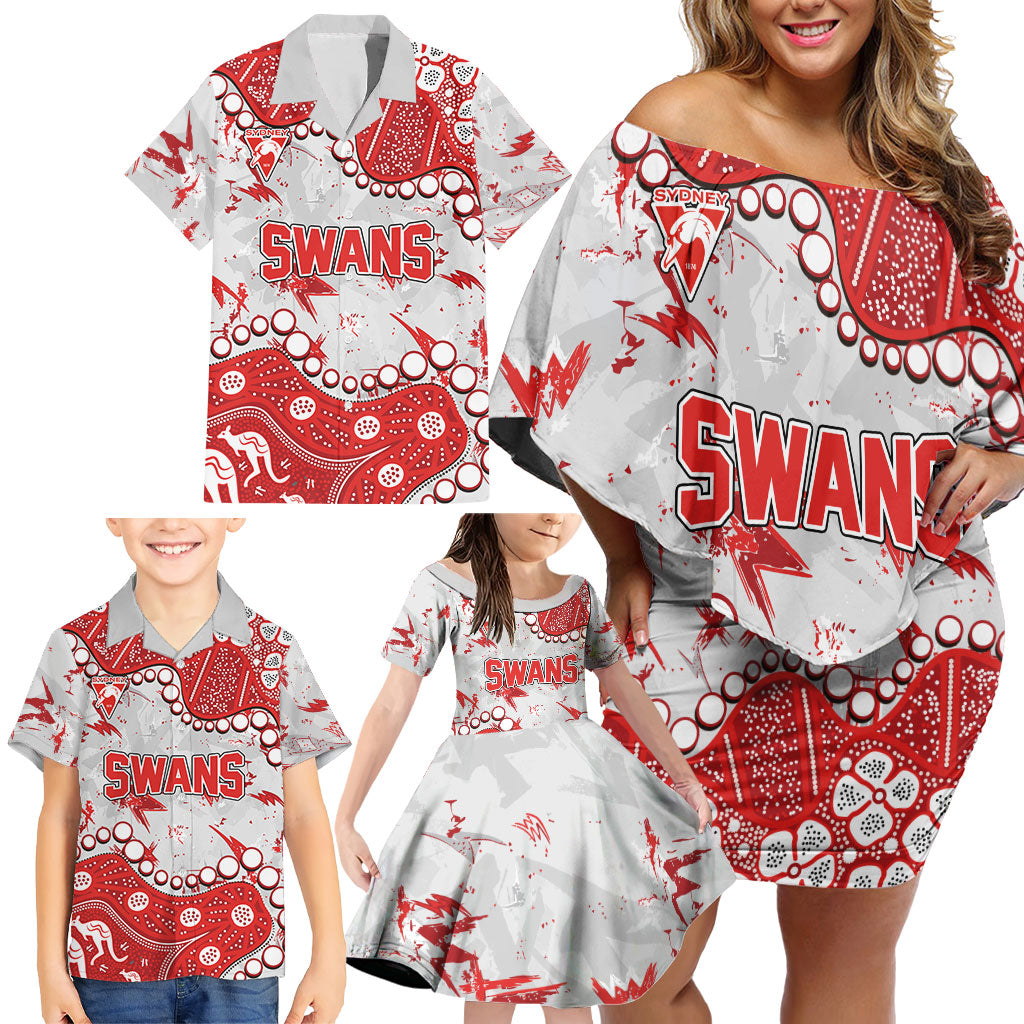 Personalized Sydney Swans Family Matching Off Shoulder Short Dress and Hawaiian Shirt Aboriginal Pattern with Graffiti Style
